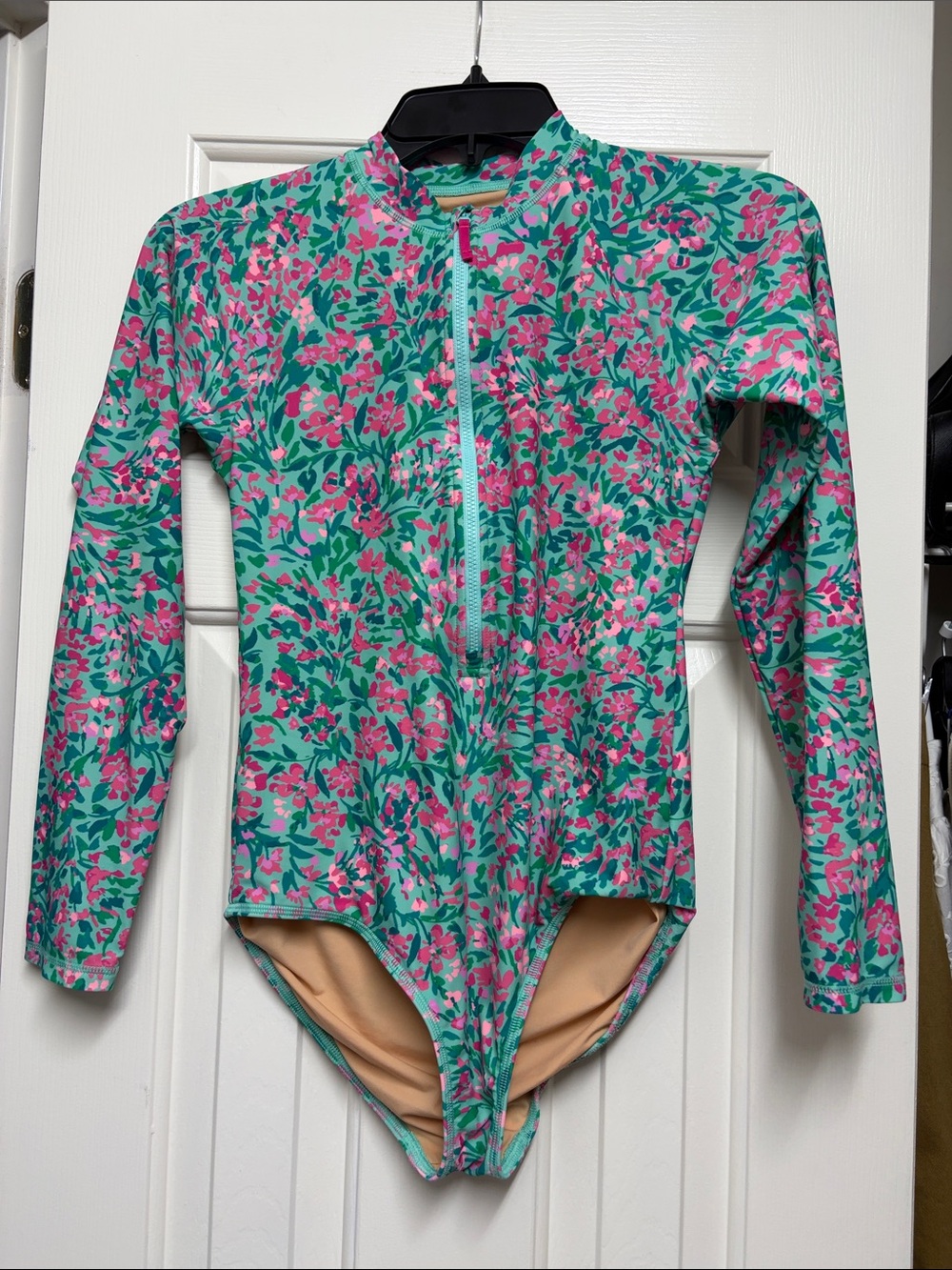 Crewcuts Girls' Long-Sleeve Floral Zip-Front Rashguard - Teal & Pink